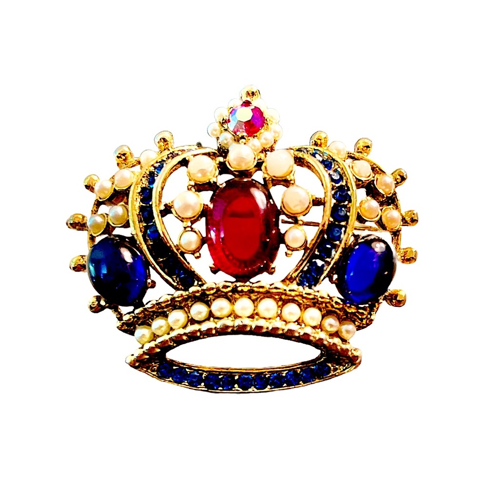 Vintage Weiss Brooch Crown Design, Gold Tone with Faux Pearls and Gemstones.